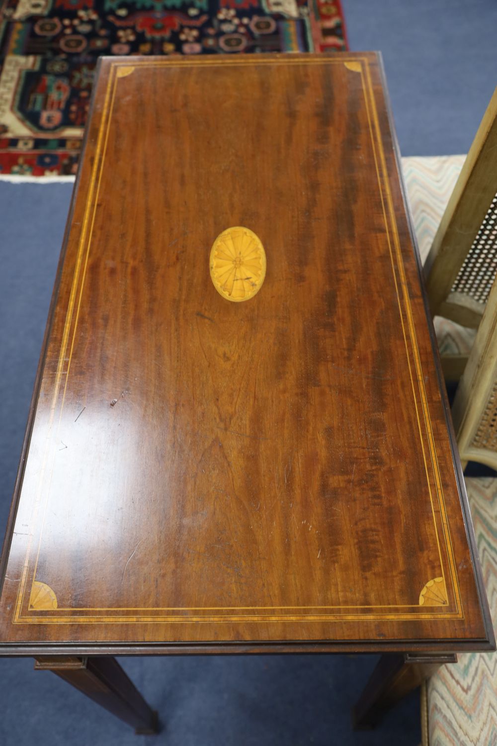 An Edwardian inlaid mahogany folding top card table, width 92cm depth 46cm height 76cm